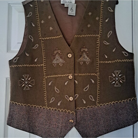 Vintage Tandem Brown/Beige EMBROIDERED VEST/ SZ 42 70% Lain 30% Autres - Picture 2 of 6